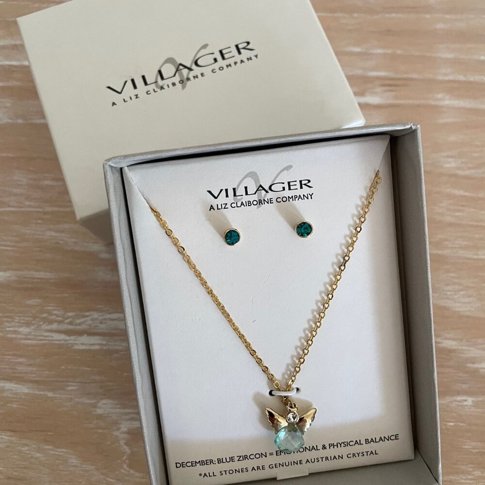 Villager Liz Claiborne Co Blue Zircon Angel Necklace and Stud Earring Set